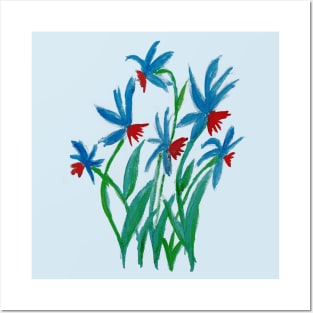 Hand painted watercolor floral blue and red flowers Posters and Art